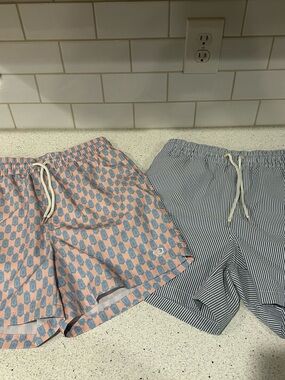 Kids Wave Patterned Swim Shorts + Navy Pinstripe Swim Trunks Set, Size S